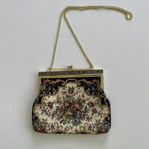 Vintage Needlepoint Bag with adjustable length chain Black with Floral Design